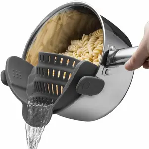 Silicone Pot Strainer,Adjustable Clip On Strainer for Pots Pans, Heat Resistant Pot Drainer, Kitchen Pasta Colander for Vegetables and Noodles (Grey)