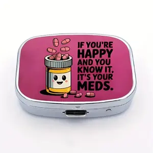 Bright Mini Pill Box Vitamin Organizer, 2 Compartment Travel Storage Case, Joyful Face Design, Unisex Adults' Daily Use Gift, Portable & Decorative
