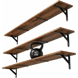 Floating Shelves for Wall 48″W x 8″D, Long Wall Mounted Shelves Set of 3, Wood Book Shelves Decor, Farmhouse Display Shelf for Bedroom, Living Room, Laundry Room, Kitchen, Bathroom, Brown