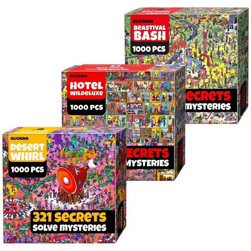 QUOKKA Premium Puzzles 3-Pack 1000-Piece Jigsaw Puzzles for Adults - Animal Bash, Desert Whirl, Hotel Wildeluxe Themes, Hidden Secrets, Audio Story, Interactive Experience, Unique Gifts