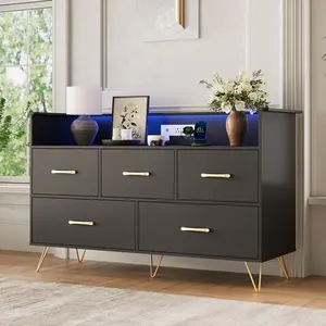 YJ-Garvee 5 Drawer Dresser with Led Lights & Charging Station, Lighted Bedroom Dresser, Compact Wooden Chest of Drawers Closet Storage Cabinet for Living Room Apartment, Black