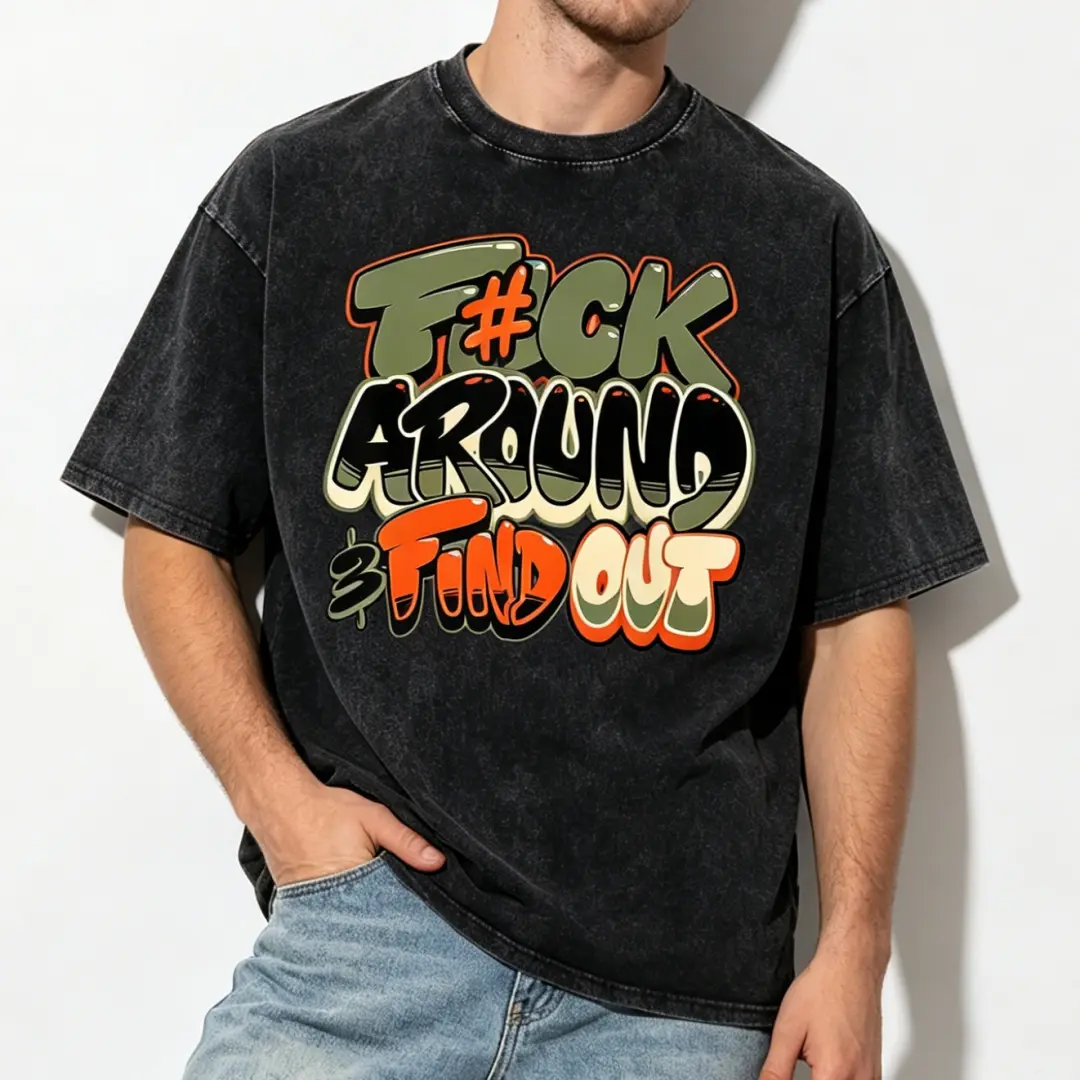 Menswear Short-Sleeve Heavyweight Cotton Oversized Crew Neck Tee - Vintage Black, 3-Layer Gradient Outlines, Bubble Graffiti Stacked Bold Street Phrase Letter Print, Soft Retro Casual Daily Top, Shortsleeve, Round Neck, Bubble Letters, T-Shirt, Bold Lette