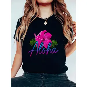 Aloha Hawaiian Islands Hawaii Surf Hibiscus Flower Surfer T-Shirt, Short Sleeve Casual Top For Spring & Summer, Women's Clothing