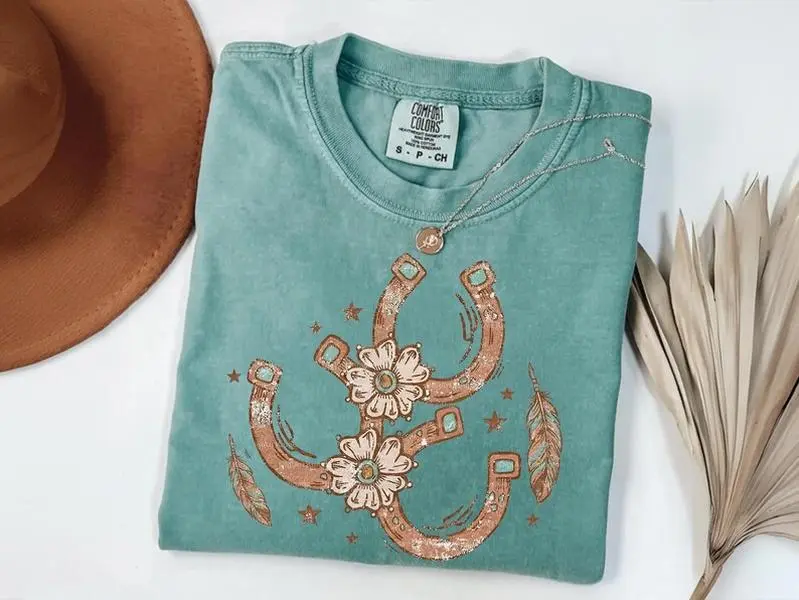 Comfort Colors Vintage Western Cowgirl T-Shirt, Boho Horseshoe Floral Teal Turquoise Tee, Cowboy Cowgirl TShirt
