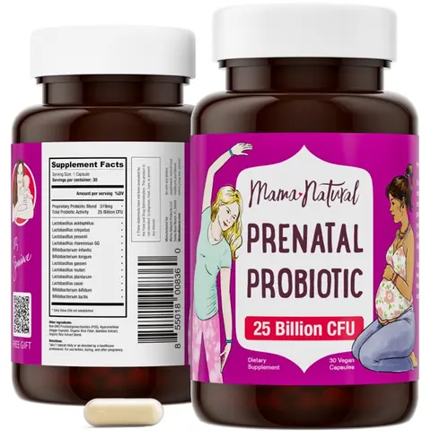 Mama Natural Women's Prenatal Probiotic Capsules - Nourishing Health Supplement, 25B CFU 12-Strain Probiotic & Prebiotic Blend with Bifidobacterium Bifidum for Gut Health, Pregnancy Support (Bottle Included)