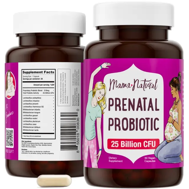 Mama Natural Women's Prenatal Probiotic Capsules - Nourishing Health Supplement, 25B CFU 12-Strain Probiotic & Prebiotic Blend with Bifidobacterium Bifidum for Gut Health, Pregnancy Support (Bottle Included)