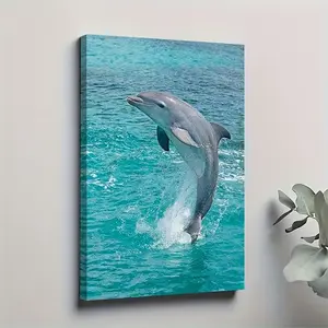 1 Piece Dolphin Jumping Canvas Wall Painting - 11.81x 17.72inch Solid Pine Wood Frame, Modern Home Decor, Living Room, Office, Bar Decoration, Natural Wooden Frame, Vibrant Marine Wildlife Art Painting