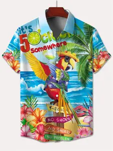 Men's 3D Parrot Pattern Hawaiian Shirt, Aloha Style Shirt - tropical beach short-sleeved button-down shirt with palm tree and hibiscus patterns. Machine-washable and made of lightweight fabric. Suitable for casual vacations, summer leisure wear