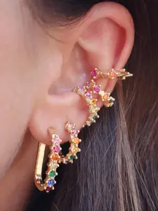 5Pcs Exquisite 24K Gold Plated Cubic Zirconia Multicolor Cuffs Earrings Set For Women Colorful Zircon Stud Earrings Pack Rainbow Hoop Earrings Stack Fashion Jewelry Gift
