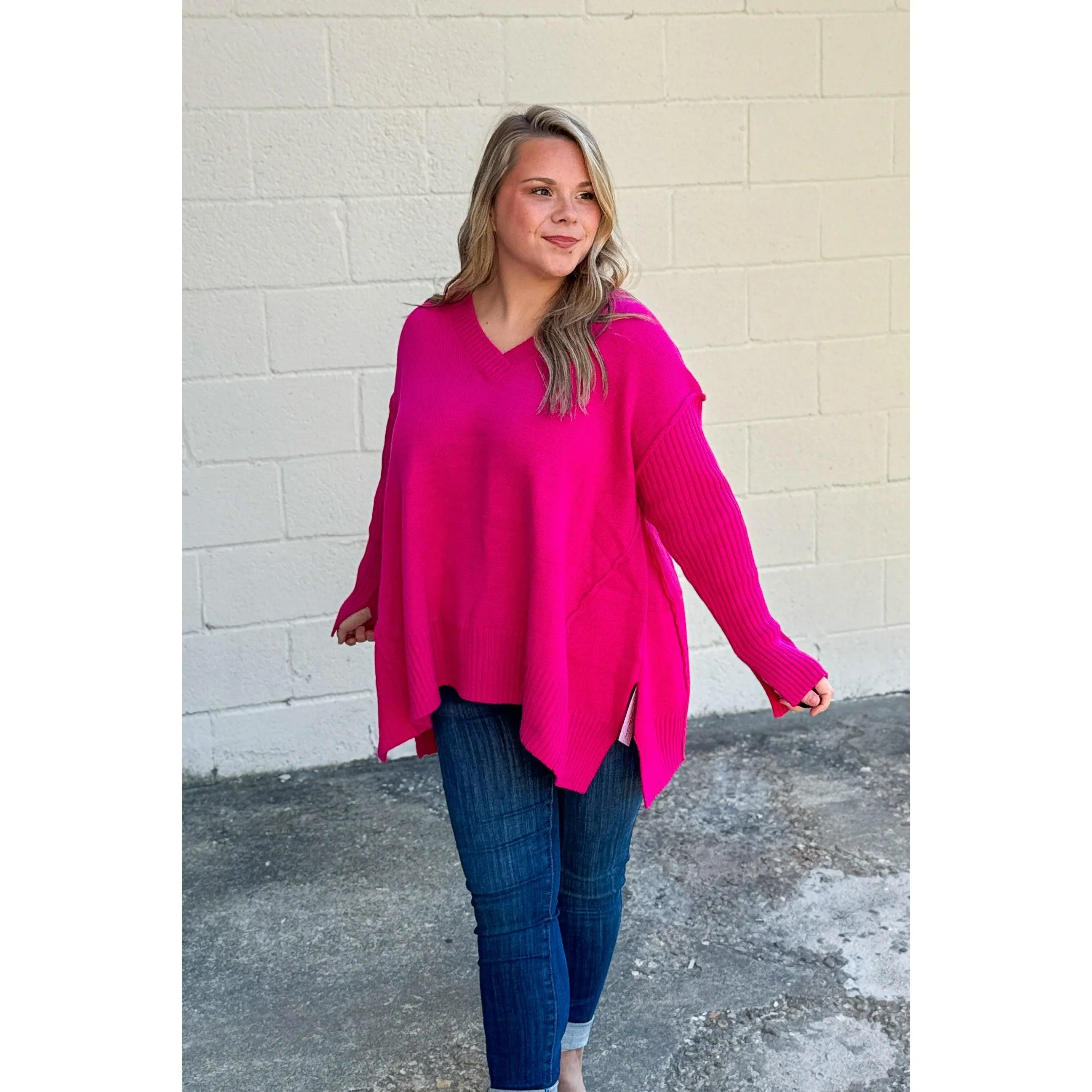One And Only V-Neck Sweater Top, Magenta