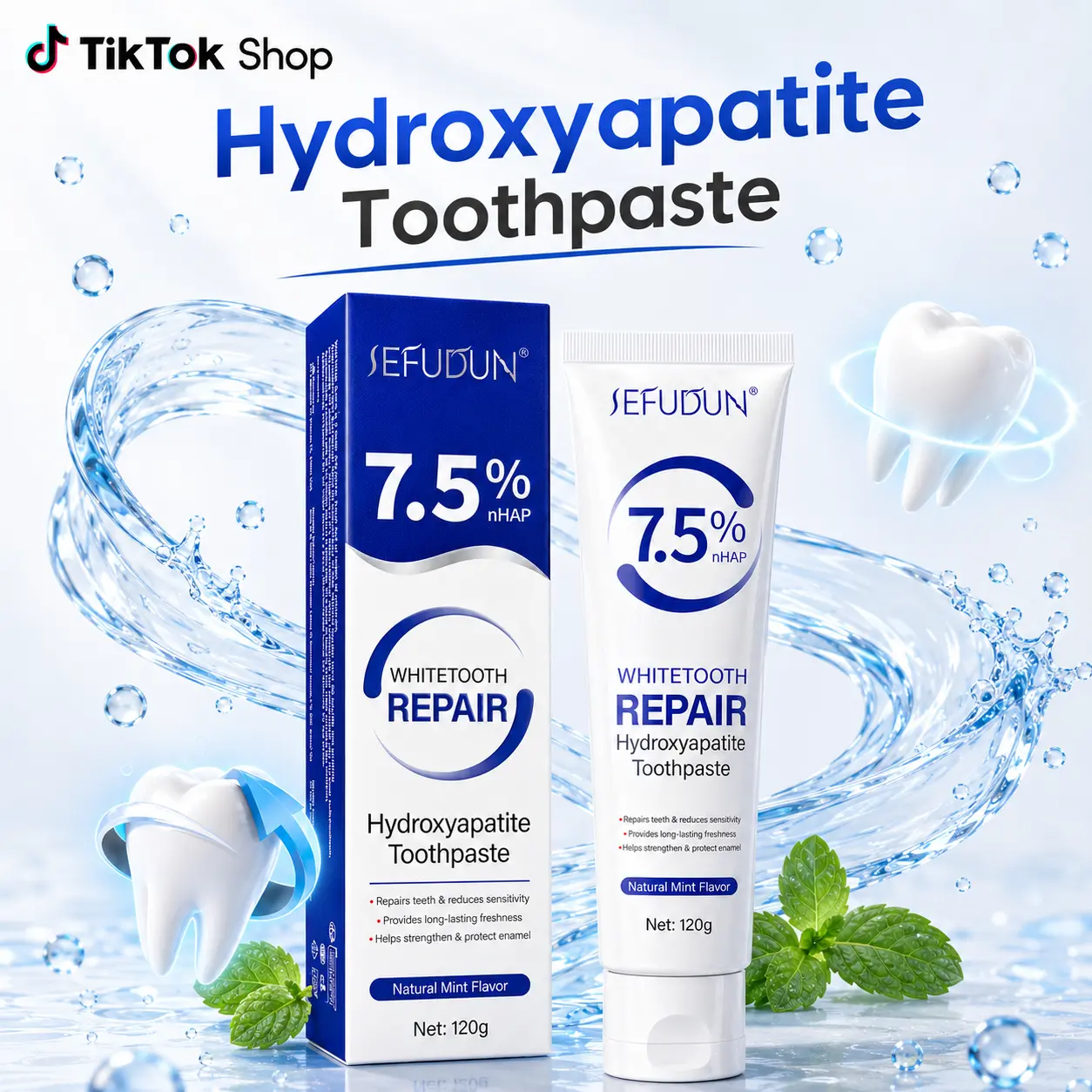 Nano Hydroxyapatite Toothpaste, 7.5% Formula for Daily Enamel Care and Fresh Breath, Natural Peppermint Flavor, 120 g