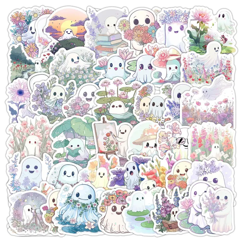 Cute Ghost & Flower Series Sticker Set, Self Adhesive Decorative Stickers, DIY Decals for Water Bottle, Laptop, Cellphone, Smartphone Case, Protective, Halloween, Accessories, Decorative Sticker Packs