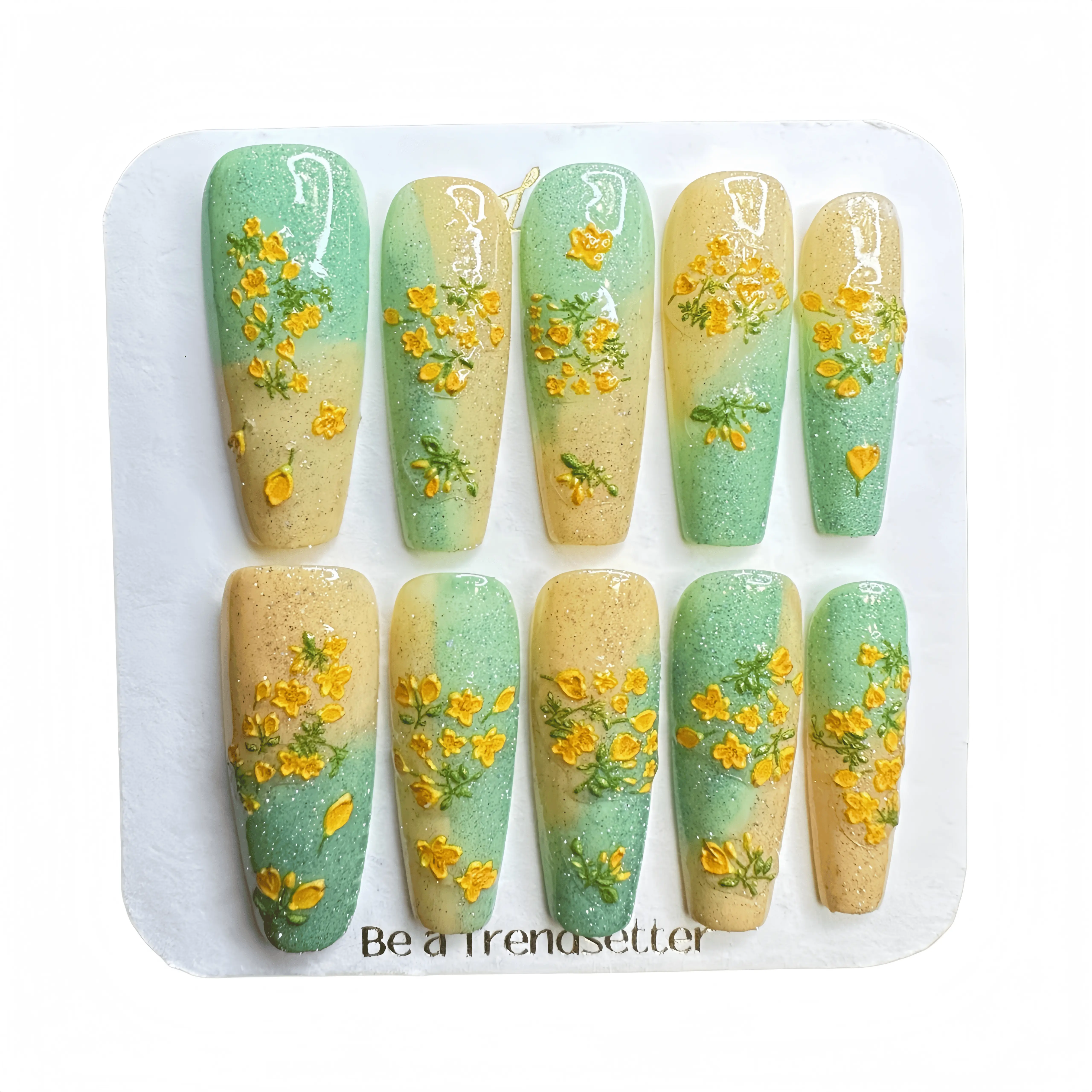 Press-On Nails, Long Almond Shape with Yellow-Green Ombre and Floral Detail, Easy Apply & Lightweight Nail Art Design, Single Item Glitter Base French Tip Glitter Base French Tip Multicolor Plastic Acrylic, Protects Nails