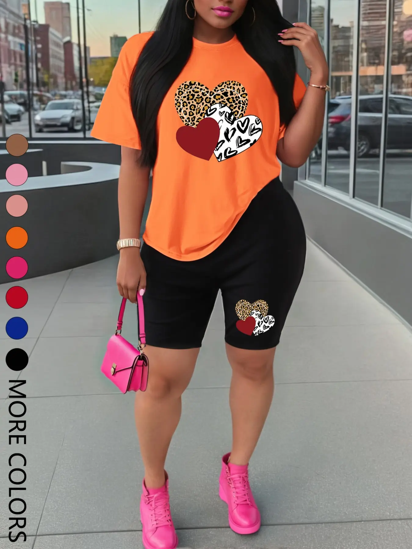 Women's Summer Short Sleeve Top Shorts Set Fit, Heart Print Sporty Style, Casual Comfortable Two-Piece, Above the Knee Clothes