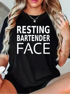 Women'S Funny "Resting Bartender Face" Graphic T-Shirt - Casual Short Sleeve Round Neck Tee with White Lettering, Bartender Humor Apparel for Mixologists, Waitresses & Social Events - All-Season Fit (Black/Grey/White/Red)