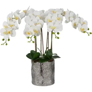 Artificial Orchid Plants & Flowers Arrangement in Ceramic Pot, Fake Faux White Orchid with Silver Vase,Extral Large 26 inches