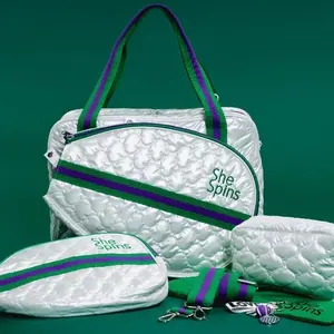 SheSpins Pickleball + Tennis + a shoe bag + a bundle of charms + Cosmetic bag w/Embroidery Wimble White