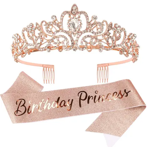 Birthday Princess Crown & Sash Set, 2 Counts/set Glitter Rhinestone Decor Birthday Tiara & Sash for Girls, Party Decoration Supplies, Birthday Gifts for Girls