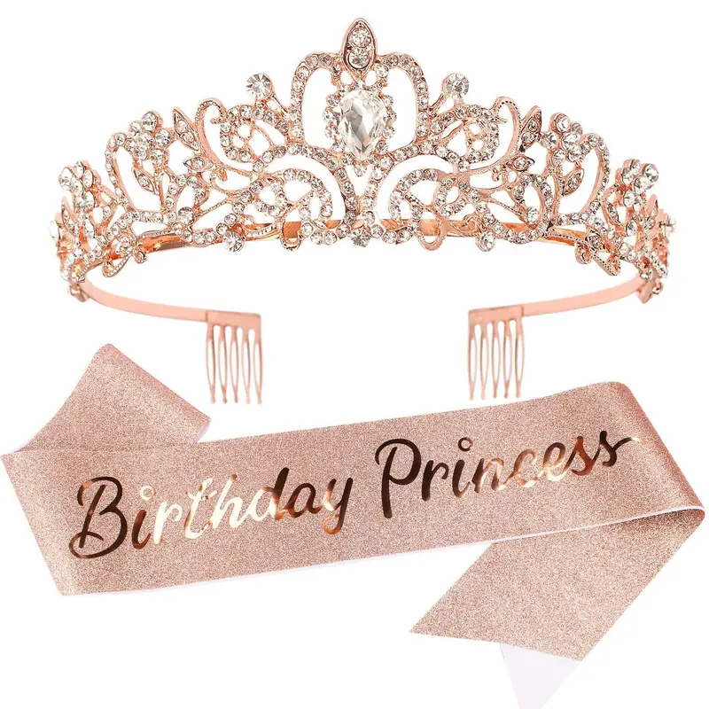 Birthday Princess Crown & Sash Set, 2 Counts/set Glitter Rhinestone Decor Birthday Tiara & Sash for Girls, Party Decoration Supplies, Birthday Gifts for Girls