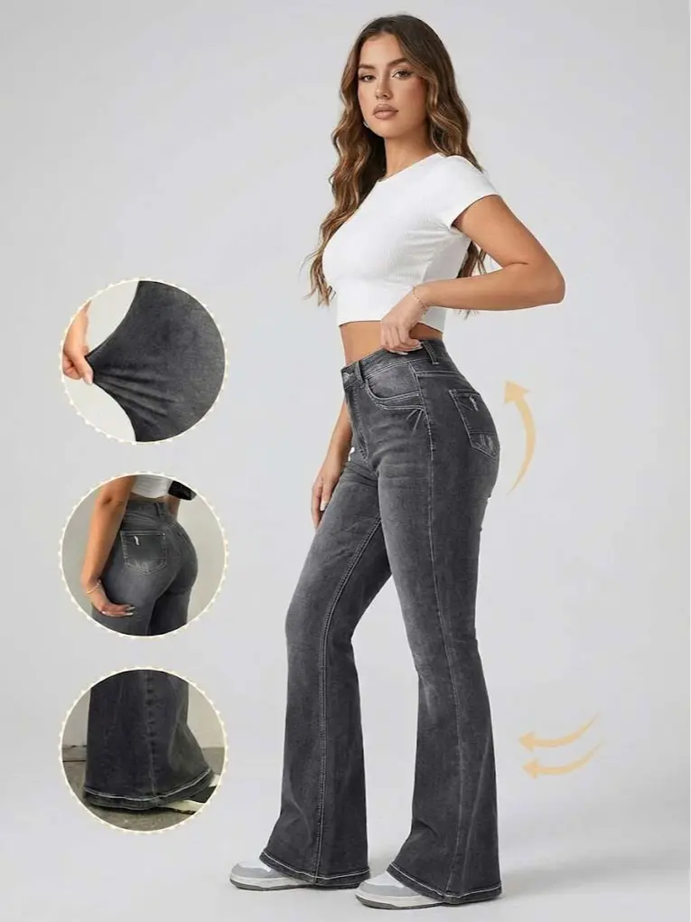 Women's High Waist Flared Fashion Jeans - Chic Vintage Ripped Stretch Denim Fabric with Elastic Waistband, Bootcut Pants