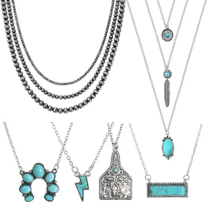 6 count Western Necklaces for Women Layered Navajo  Necklace Turquoise Cow Lightning Horseshoe Pendant Necklace Cowgirl Boho  Set