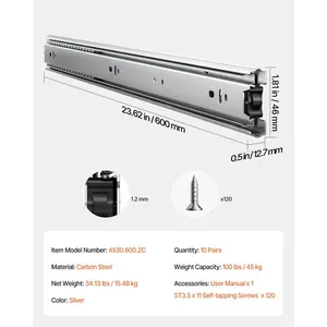 VEVOR Drawer Slides, 24 inch, 10 Pairs Full Extension Ball Bearing Cabinet Rails, 100 LB Load Capacity Heavy Duty Side Mount Dresser Drawer Slides, Drawer Track Runners for Kitchen DIY Replacement