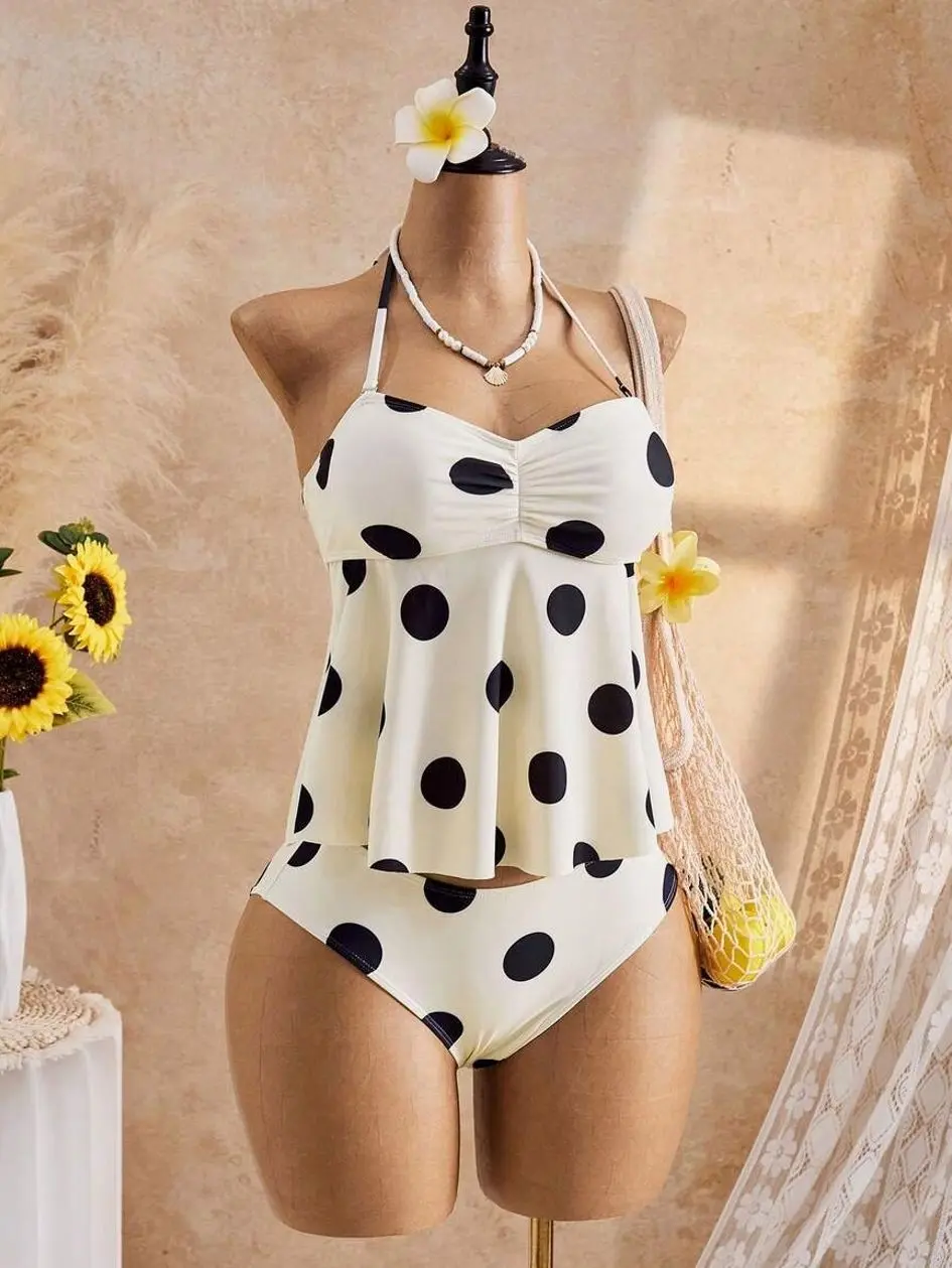Bellisia Cream White & Black Large Polka Dot Halter Tankini Swimsuit | Ruched Sweetheart Bust Flared Peplum Top | Retro Tummy Control 2PC Bathing Suit