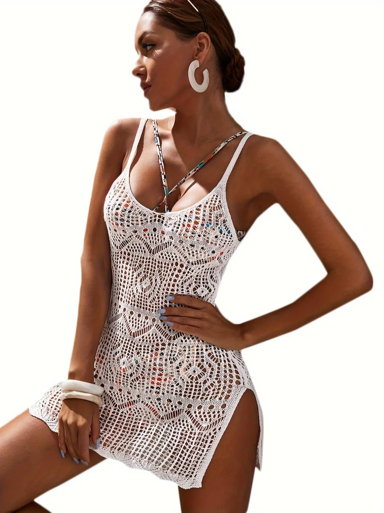 Women's Plain Hollow Out Sheer Split Thigh Cover Up Dress, Cute Casual Sleeveless Cami Dress for Summer, Fashion Women's Swimwear for Beach Holiday Vacation, Summer Dresses, Sports Swimming Clothing, Swimsuit Cover Up, Women's Plain Hollow Out Sheer Split Thigh Cover Up Dress, Cute Casual Sleeveless Cami Dress for Summer, Fashion Women's Swimwear for Beach Holiday Vacation, Summer Dresses, Sports Swimming Clothing, Swimsuit Cover Up,