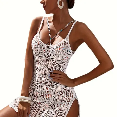 Women's Plain Hollow Out Sheer Split Thigh Cover Up Dress, Casual Sleeveless Cami Dress for Summer, Women's Swimwear for Beach Holiday Vacation, Summer Dresses, Swimsuit Cover Up, Cover Up Beachwear