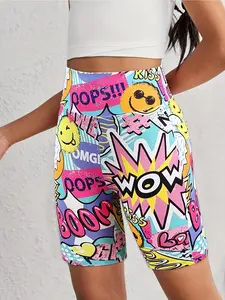 Trendy Y2K Comic Print Biker Shorts, Cartoon Graphic Shorts, Wow/boom High Waist Workout Shorts, Athleisure Shorts, Cute Streetwear for Teens, Casual Flared Slim-Fitting