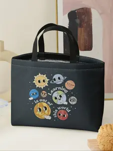 Planetary Pattern Handbag Portable Lunch Bag, Women's Casual Shoulder Bag, Large Capacity Camping Student Picnic Food Drink Bag