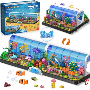 Hogokids Aquarium Building Set - 2 Styles Oceanarium Building Toy with Dolphins, Sharks, Crabs, Jellyfish, Seaweed,Aquatic Play, More for Ages 6-12
