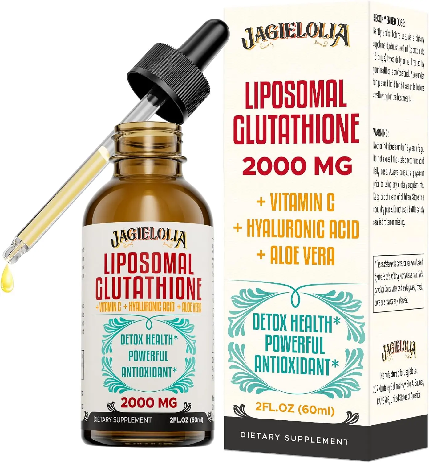 Jagielolia 2000MG Liposomal Glutathione Liquid, Made in The USA, Reduced Glutathione Supplement, Enhanced Absorption, Non-GMO, Powerful Antioxidant for Immune System, Energy, Aging Defense, 2 Floz