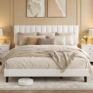 Garvee King Size Bed Frame, Velvet Upholstered Platform Bed with Adjustable Vertical Channel Tufted Headboard, No Box Spring Needed, Easy Assembly, White