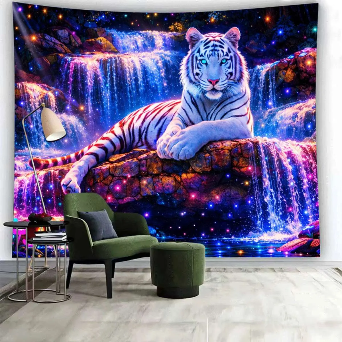 White Tiger Waterfall Portrait Tapestry - Fluorescent Fantasy Aesthetic Decor, Lightweight Home Supplies for Indoor Ambience Enhancement