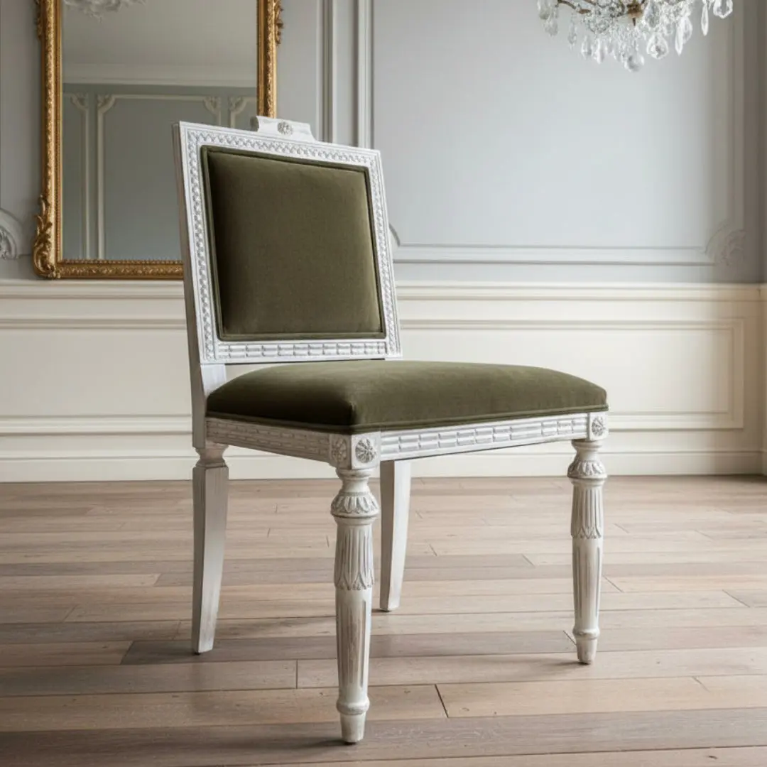 Antique Style Gustavian Dining Chairs - Grey-Green Velvet Indoor Furniture Chairs, Antique Style Dining Chairs