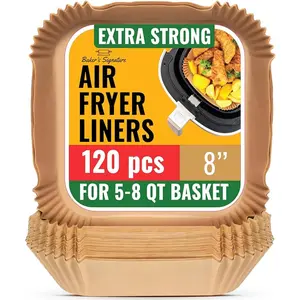 Baker's Signature Air Fryer Paper Liners 120Pcs Non-Stick Oil Proof 8" Square for 5-8 Qt Basket Unbleached BPA-Free PFAs-Free Waterproof
