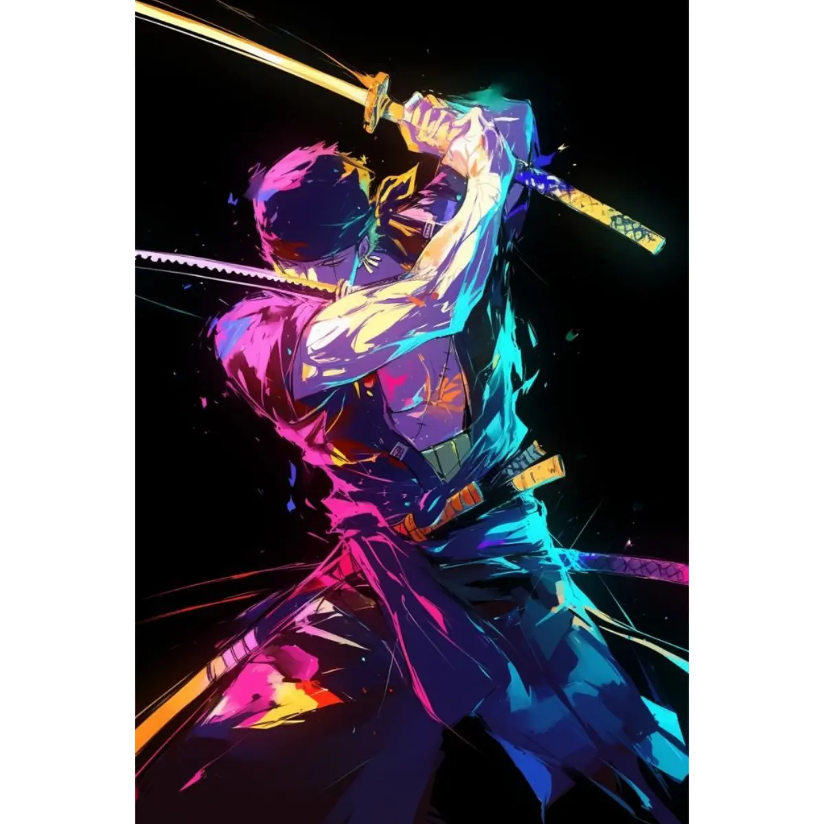 Zoro One Piece Poster with Dual Sword Pose in Neon Glow Style