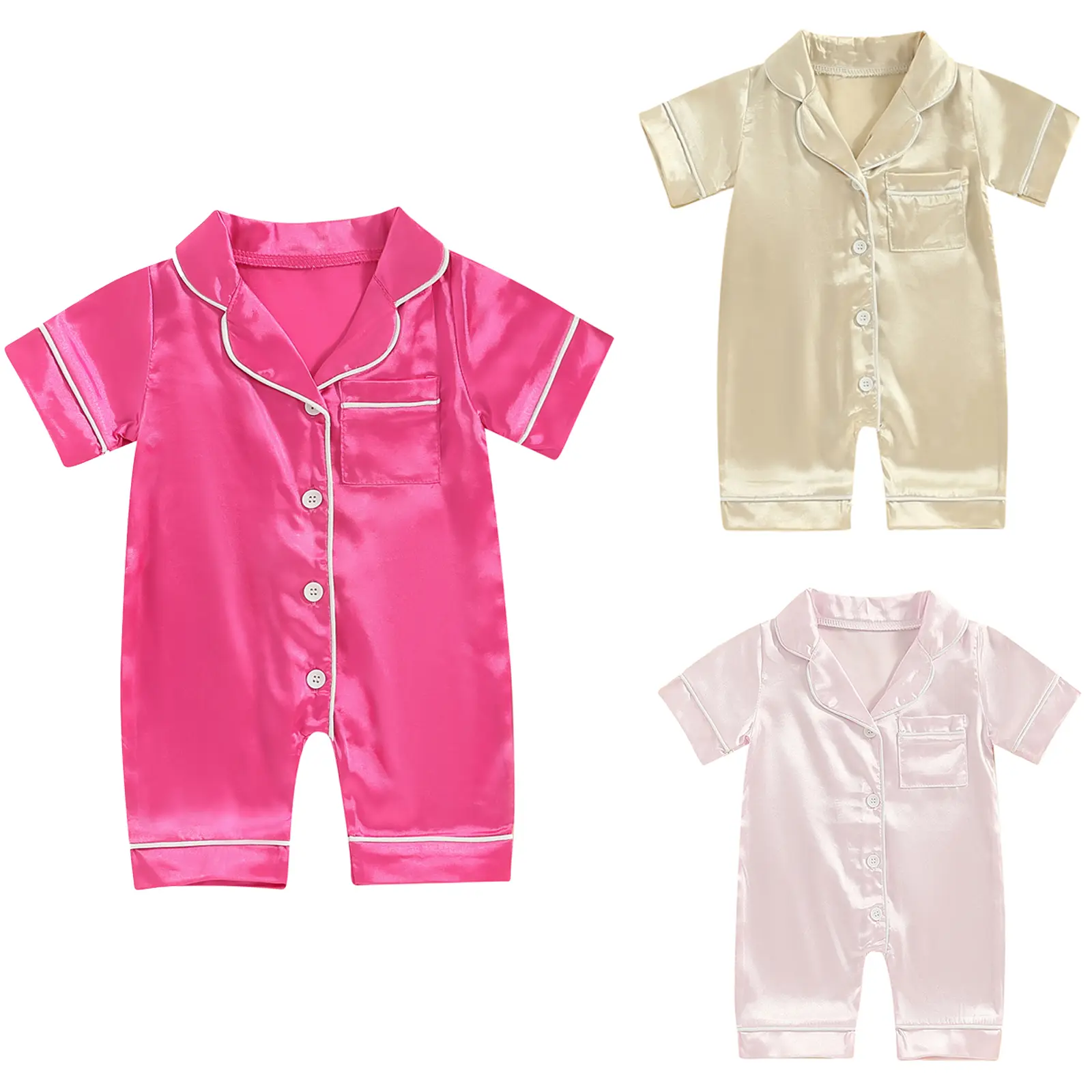 Infant Baby Girl Boy Summer  Pajamas Jumpsuit Short Sleeve Rompers Button Down Satin Silk Pjs Onesie Sleepwear