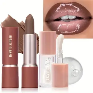 2Pcs/Set Matte Brown Lipstick+Translucency Lip Gloss Combo Kit,Easy Application, Non-Stick, Moisturizing