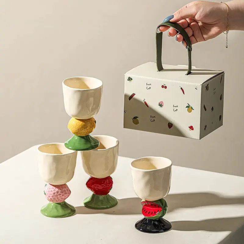 3D Fruit High-Legged Ceramic Cup Set - Strawberry, Lemon, Watermelon Mugs for Juice, Coffee, Handmade Washable Kitchen Drinkware