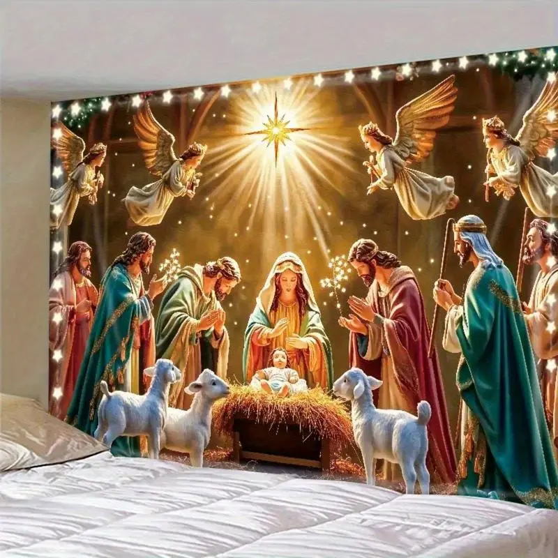 Starry Night Geometric Vivid Nativity Art Backdrop Banner - Lightweight Polyester Tapestry, Home Supplies, Glowing Light Indoor-Outdoor Wall Decoration, Xmas Family Gift, Festive Holiday Supply
