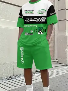 RACING Racing Letter Men's 3D Digital Printing Two-Piece Set, 2Pcs, Trendy and Fashionable Set, Trendy Retro Casual Two-Piece Set, Vacation-style Trendy Outfit, Breathable Sports Casual Style, a Perfect Holiday Gift for Men