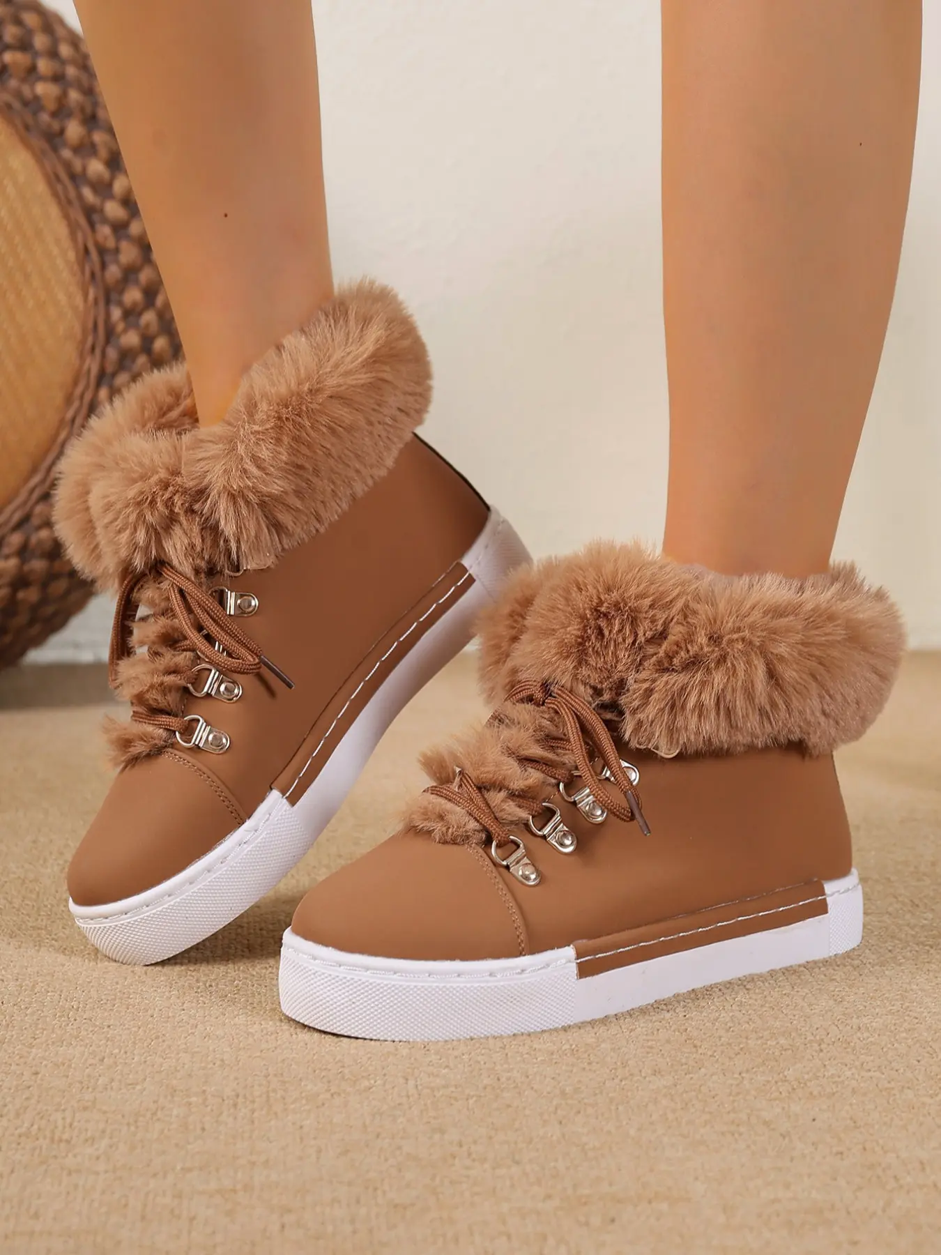 Women's Solid Color Lace-Up Ankle Boots, New Casual Warm Faux Fur Design, Fall Winter Fashion Shoes, Daily Wear Valentine's Gift