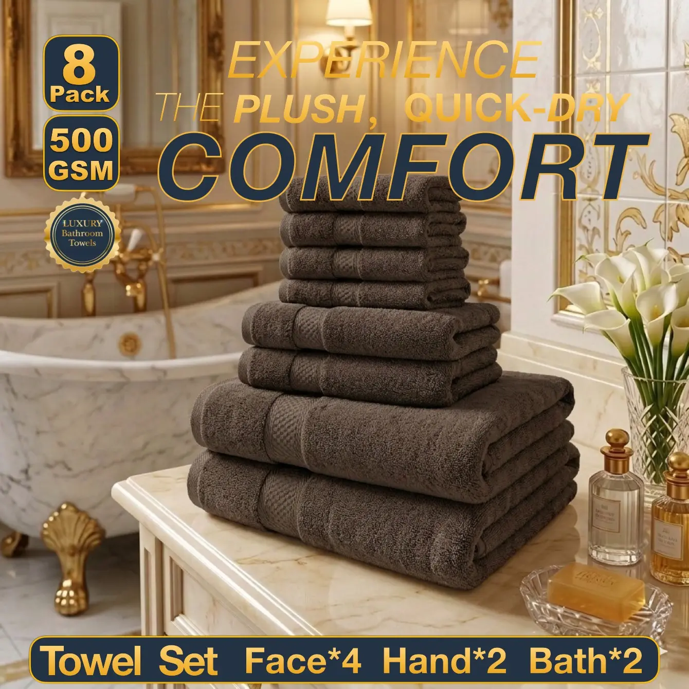 8-Piece Bath Towel Set, Luxury High-Quality Bathroom Accessories, Premium Towel Set, Quick Drying Towel, Soft & Absorbent, Ideal for Home Hotel School Camping Travel Sauna Spa