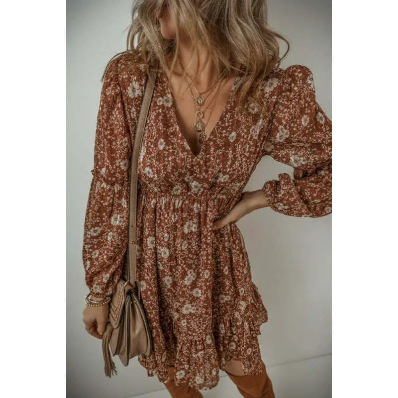 brown dress boohoo Plus Size Long Sleeve Tie Front Floral Dress – 2020AVE main image 1