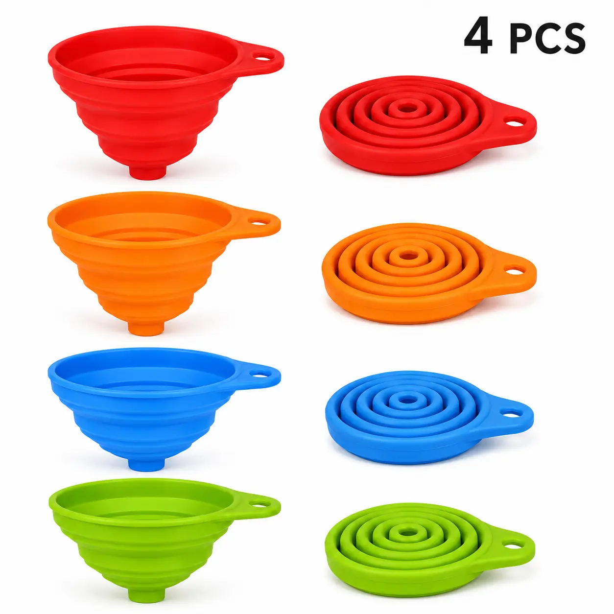 4 PCS Collapsible Food-Grade Silicone Funnel Set - Wide Mouth No-Spill Oil Wine Liquid Transfer Pourer, Bisphenol A (BPA)-Free Space-Saving Kitchen Gadget for Cooking, Any Cook’s Pantry Organization Accessory