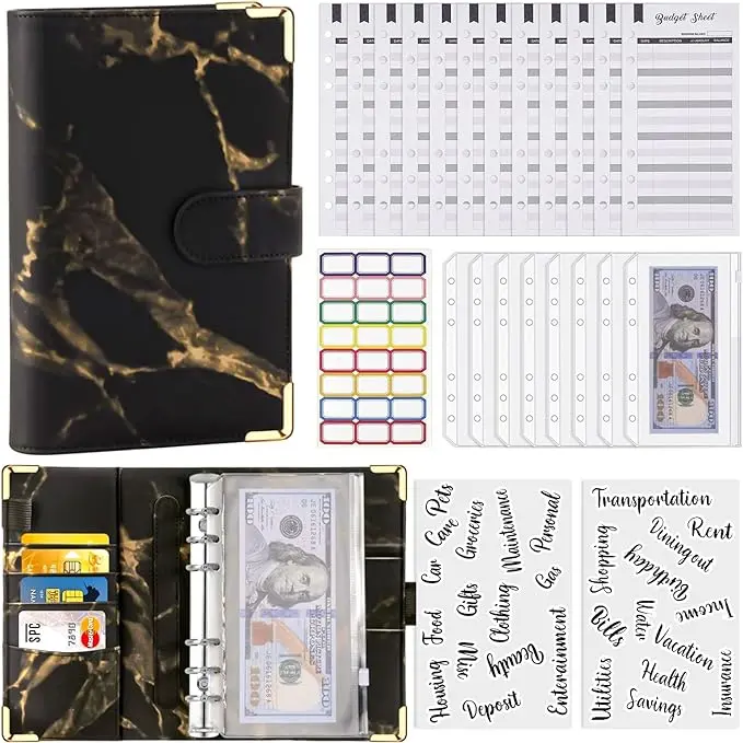 Budget Binder with Zipper Envelop, Marble Black