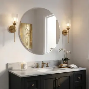 30 Inch Round Frameless Bathroom Mirror with Solid Backing, Beveled Edge Circle Vanity Mirror for Over Sink, Large Wall Mirror for Entryway Fireplace, Living Room