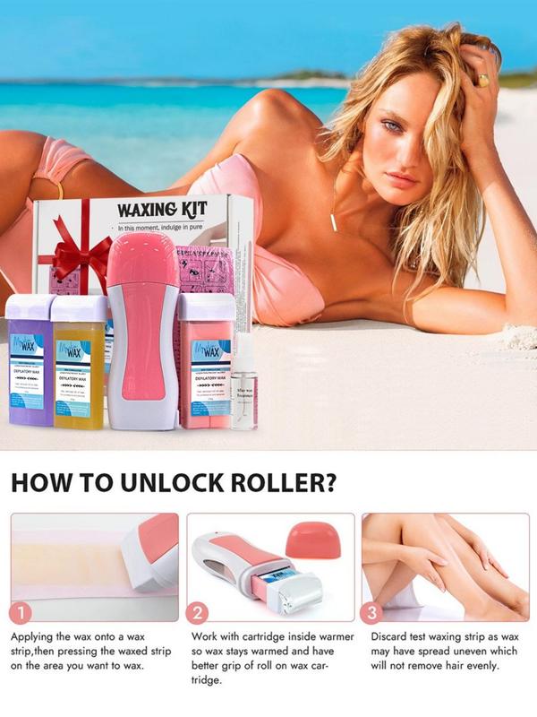 Roll On Wax kit,Waxing Kit for Women, Wax Roller, Roll On Wax Warmer for Hair Removal,at Home Waxing Kit for body face leg ,Soft Wax Heater